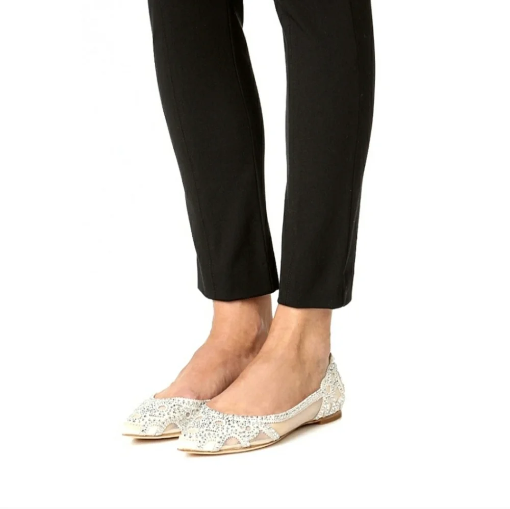 New Badgley Mishka Gigi Pointed Toe Crystal Evening Flats Size 9.5M Ivory - Picture 4 of 10